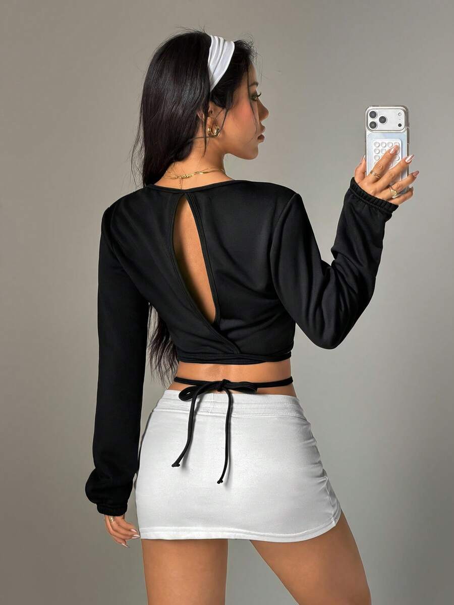 Dewbera Women's Casual Backless Long Sleeve Sweatshirt, Suitable For Spring And Autumn - Black - View 1