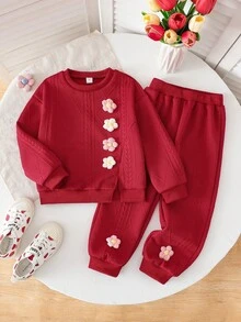 SHEIN Playful Pals Bộ 2 món dễ thương và ngọt ngào cho bé gái, áo và quần dệt kim jacquard màu hồng, trang trí hoa 3D, thích hợp mặc hàng ngày và đi chơi, dịp Lễ Tình nhân. - Đỏ - Xem 3