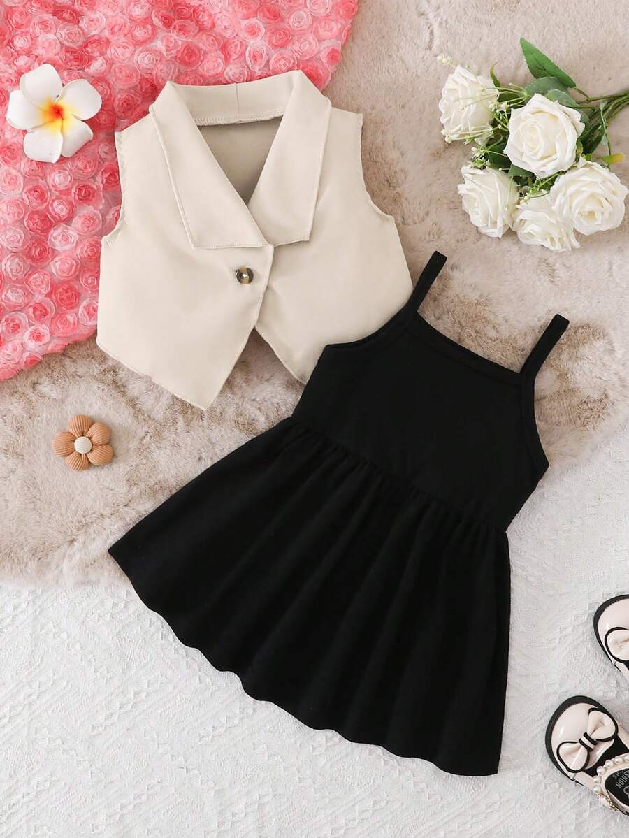 SHEIN 两件套女婴休闲百搭单排扣背心连衣裙套装,适合度假旅行 - 黑色 - 查看 1