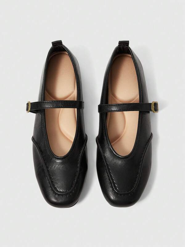 Sleekvia Women's Fashion Round Toe Flat Black One-Strap Buckle Casual Shoes, Comfortable For Daily Commute, Party, Shopping, Vacation