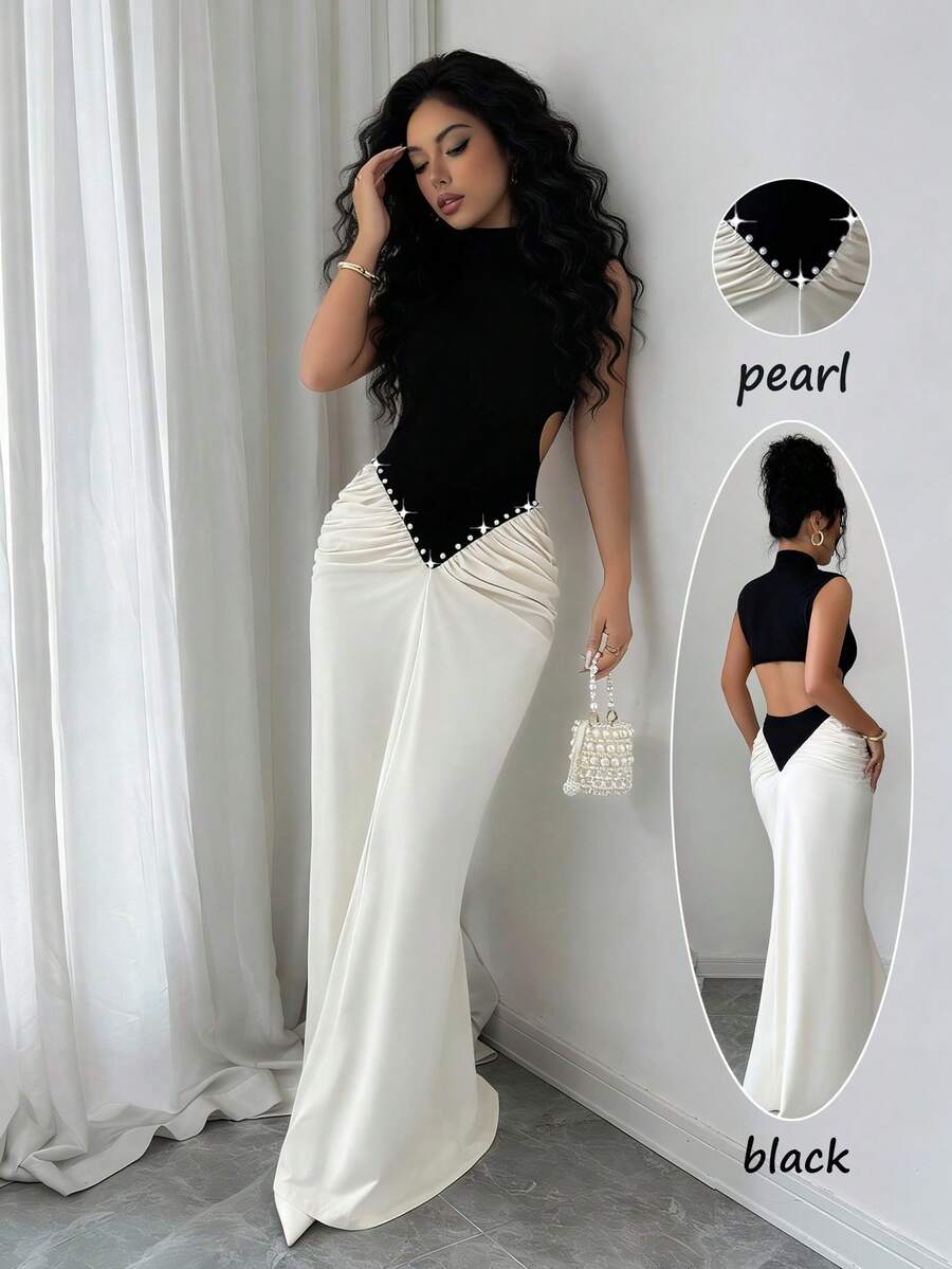 Elenzga Women's Mandarin Collar Color Block Faux Pearl Decor Cutout Back Ruched Elegant Party Maxi Fishtail Dress - Black - View 1