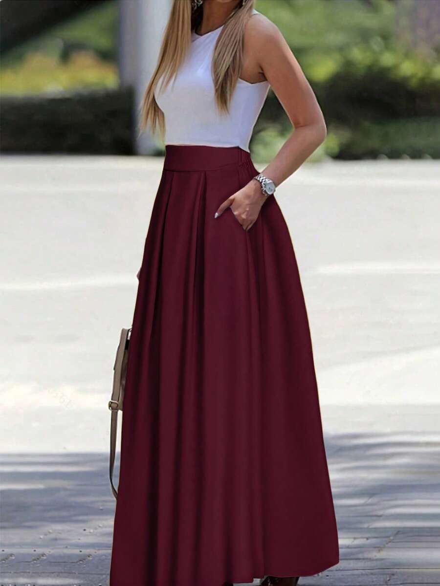 EMERY ROSE A-Line Solid Color High Waist Skirt Maxi Women - Burgundy - View 1