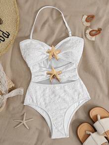 SHEIN Tween Girl Casual Vacation White 1pc Detachable Strap Hollow Starfish Accent Ruched One-Piece Swimsuit, Summer Beach - White - View 8