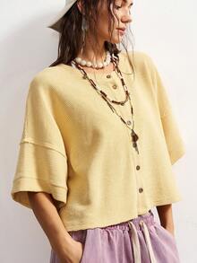 Bohemela 女士休闲纯色针织圆领短袖宽松T恤 - 卡其色 - 查看 5