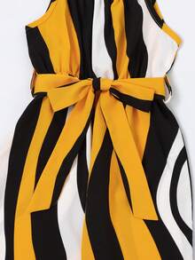 SHEIN Young Girl Striped Print Belted Cami Jumpsuit - Multicolor - View 5