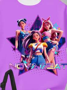 2件套 女童休闲时尚创意个性清新可爱简约虚拟女团彩色星星图案字母印花短袖T恤和打底裤 舒适日常穿搭，适合春、夏、秋季，韩流风格紫色T恤和黑色打底裤 电视女孩服装 女孩运动套装 80年代服装 女孩Y2K服装 - 彩色 - 查看 4