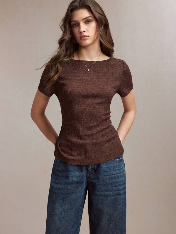 BizChic 2026 Spring/Summer New Coffee Brown Textured Knit One-Shoulder Cinched Waist Adjustable Tie Back Bow Blouse, Romantic Casual Chic Elegant For Party And Office Commute