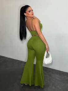 SHEIN SXY Women's Sexy Contrast Lace Slim Fit Camisole And Flare Leg Pants Set, Summer - Green - View 2