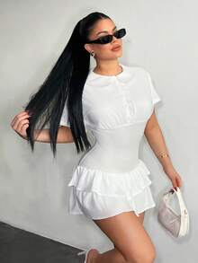 SHEIN SXY Women's Patchwork Shirt Collar Polo Neck Ruffle Hem Dress, White Ruffle Dress, White Plus Dress, Milkmaid Dress, White Dress,Going Out , - White - View 6