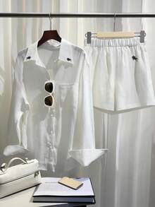 GlowEve Women's Knight Print Long Sleeve Single-Breasted Pocket Shirt And Shorts Casual 2 Pieces Set - White - View 1