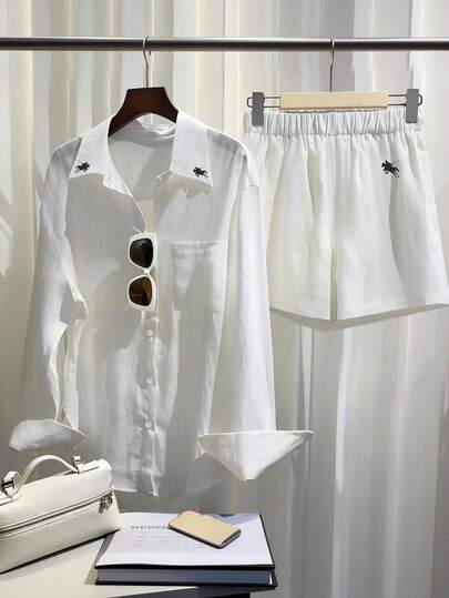 GlowEve 女士骑士印花长袖单排扣口袋衬衫和短裤休闲两件套