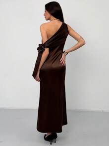 Aloruh Elegant Spaghetti Strap Tie-Up Long Satin Dress, Summer - Brown - View 3