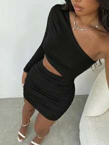 Allurite Women's One-Shoulder Hollow Pleated Slim Dress Fall Cloth For Women