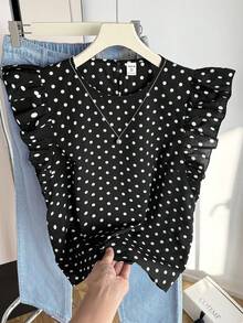 Blusas para adolescentes con estampado de lunares negros, con volantes, de estilo casual y vacacional, ajustadas. Camisa de verano sencilla con estampado de lunares, estilo francés - Negro - Ver 1