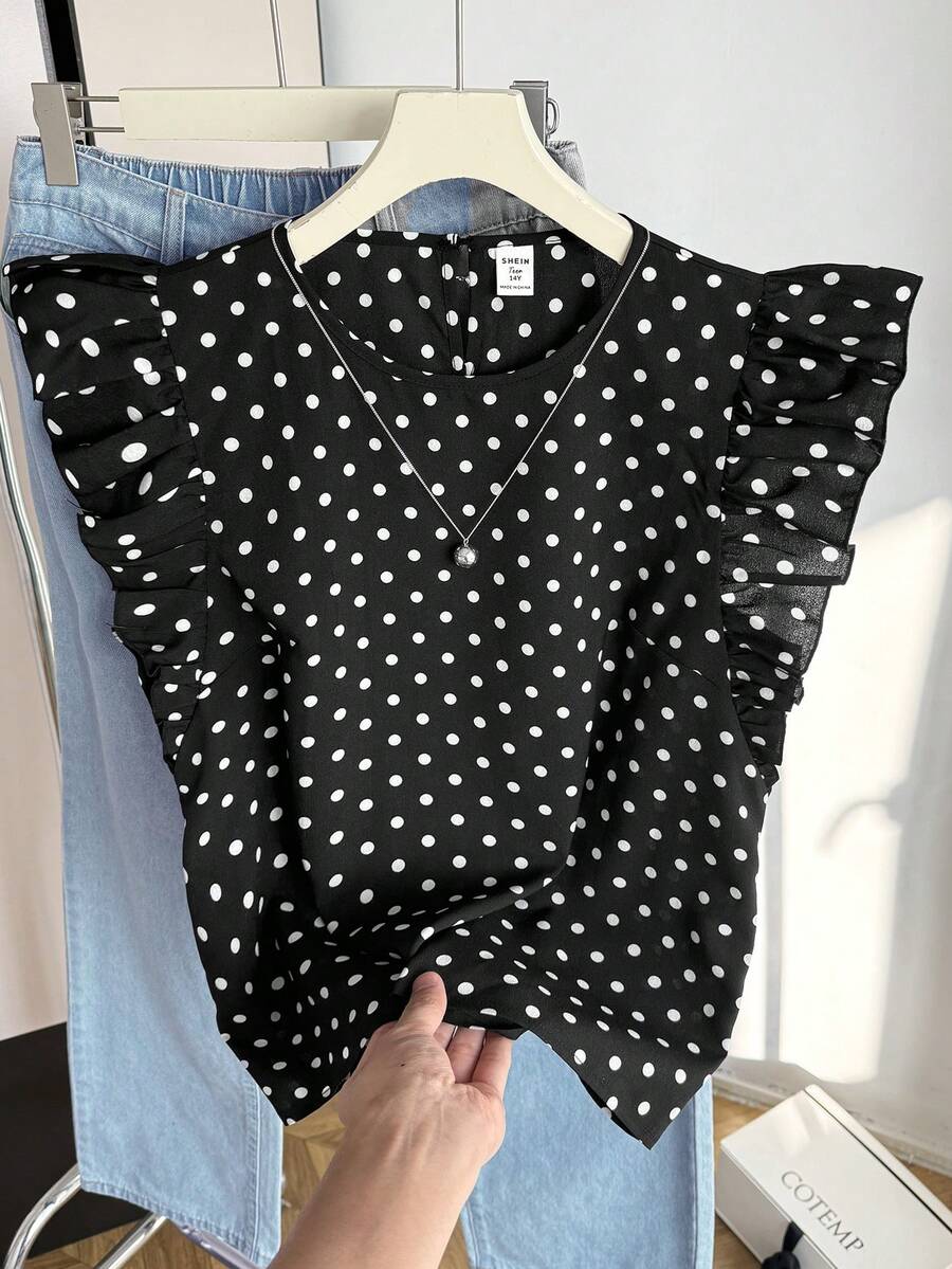 Blusas para adolescentes con estampado de lunares negros, con volantes, de estilo casual y vacacional, ajustadas. Camisa de verano sencilla con estampado de lunares, estilo francés - Negro - Ver 1