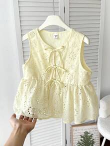 SHEIN Top corto con lazo frontal texturizada para uso casual y vacaciones de niñas preadolescentes - Mostaza Amarilla - Ver 3