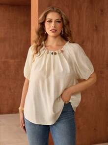 Roveilla Plus Size Women's Beige Summer Elegant Tea Party Blouse,Linen Round Neck Beaded Pleated Raglan Sleeve Loose Fit Elastic Cuff Tops,Vintage French Style - Apricot - View 7