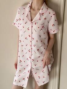 Dream Adore 粉色樱花印花翻领女士睡裙 - 淺粉色 - 查看 4