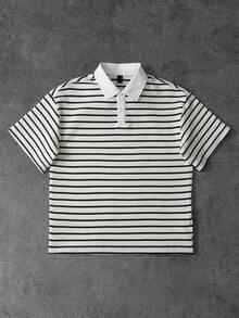PAVTROS Men's Fashionable & Comfortable Jacquard Striped Dual-Tone Polo Shirt - Black and White - View 1