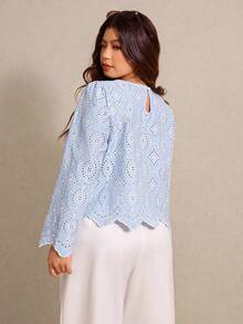 Elaquor 大码女式时尚优雅网纱刺绣长袖镂空上衣，浅蓝色镂空上衣，春季女装。 - 藍色 - 查看 2