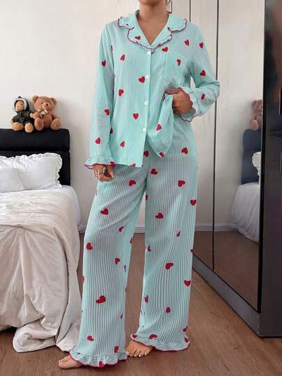 Dream Adore Heart Striped Frill Trim Lapel Cardigan And Pants Valentine's Pajama Set