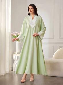 Al Najma Đầm Abaya nữ cổ đứng phối ren, dáng rộng, thoải mái, mặc hàng ngày. - màu xanh lá - Xem 7