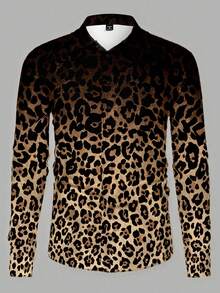 HIMLAND Men's Leopard Print Button Front Long Sleeve Casual Shirt, For Fall - Multicolor - View 2