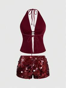 ROMWE Grunge Punk Spring/Summervalentine's Dayparty Punk Rock Diva Party Outfit, Festival Music Event New Year Costume, Halter Neck Sexy Sequin Cross Pendant 2 Pieces Set For Women - Burgundy - View 2