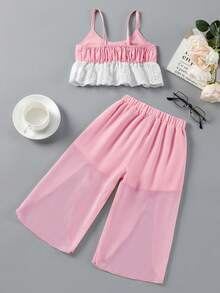 SHEIN 女童夏季休闲蝴蝶装饰镂空刺绣荷叶边吊带背心和裤子两件套