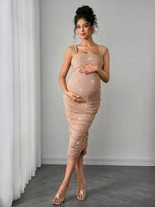 SHEIN Gravidklänning i enfärgad, plisserad, bara axlar, pärldekor, elegant och åtsittande