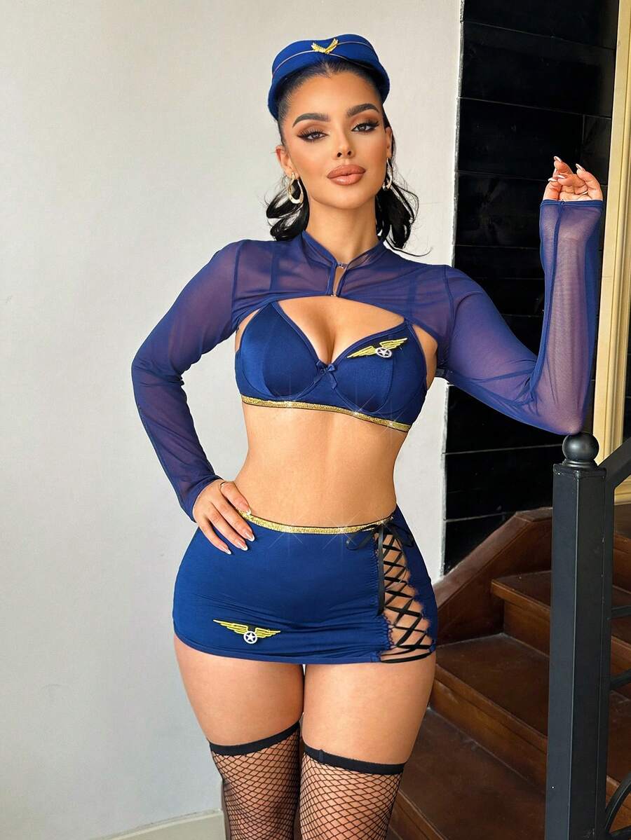 Fantasy Costume Bộ đồng phục 6 món dành cho nữ: Đầm ôm sát tay dài bằng vải lưới bóng, thắt dây và tất lưới. - Màu xanh hải quân - Xem 1