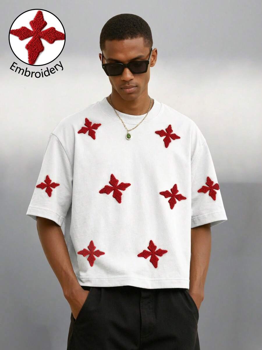 Manfinity EMRG 男士街头风全刺绣休闲日常T恤，送给男友、老公、周年纪念日的礼物，白色T恤，男士设计师T恤，2000年代风格 - 白色 - 查看 1