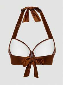 Sweetra Plus Size Women Solid Color Halter Underwire Bikini Top - Coffee Brown - View 2