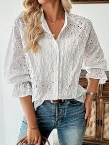 INAWLY Áo kiểu nữ tay chuông thêu họa tiết mới, kiểu dáng thường ngày. - trắng - Xem 5