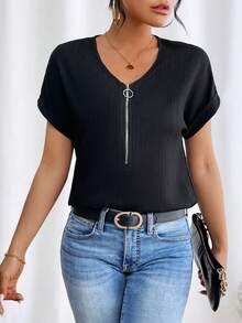 Breezaya Petite V领拉链弧形下摆女式衬衫 - 黑色 - 查看 7