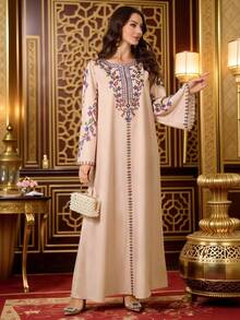 Al Najma Women's Floral Print V-Neck Long Sleeve Loose Arabic Style Dress Kaftan Jalabiya Dress - Apricot - View 2
