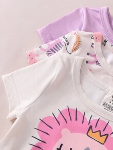 3pcs/Set Cartoon Lion, Giraffe, Zebra Printed Round Neck Short Sleeve Top & Shorts Snug Fit Home Wear For Baby Girls - Multicolor - View 4