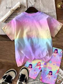 SHEIN 两件套彩色韩流女团字母星星印花休闲套装，渐变扎染卡通人物设计，适合音乐节、派对和日常穿着，夏季短袖上衣和短裤 - 彩色 - 查看 3