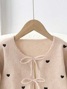 SHEIN Frenchy Plus Size Casual Heart Embroidery Front Tie Cardigan, Autumn/Winter - Apricot - View 5