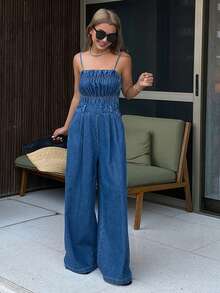 DAZY Women's Summer Pleated Waist Loose Wide-Leg Jeans Jumpsuit, Casual City Style - Medium Wash - View 5
