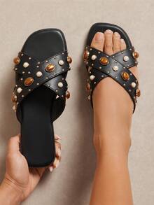 SHUZIA Sandal đế bằng nữ thanh lịch kiểu đan chéo, đính đá quý. - màu đen - Xem 2