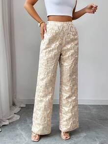 SHEIN Elenzya Quần ống loe jacquard không co giãn, thanh lịch dành cho nữ, thích hợp mặc hàng ngày. - Màu be - Xem 4