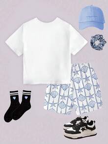 SHEIN 春夏少女休闲时尚创意个性清新优雅简约海星贝壳海螺蝴蝶结波浪线图案印花休闲基础款短袖T恤和短裤套装，舒适日常穿着，温暖夏日风格，适合春夏少女。 - 彩色 - 查看 2