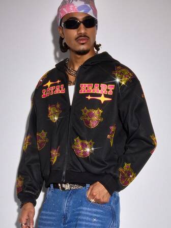 Sudadera con capucha casual para hombres con estampado de letras y cremallera con rhinestones