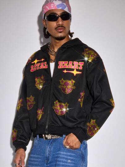 Sudadera con capucha casual para hombres con estampado de letras y cremallera con rhinestones