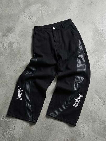 Goth Men's Patchwork Leather Pocket Loose Relaxed Flared Jeans