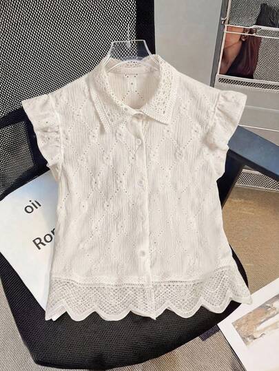 GlowEve Women's Summer Casual Vacation Hollow Out Embroidery Front Button Shirt