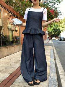 FRIFUL Women's Casual Denim Camisole Top With Ruffle Hem And Denim Pants Set, Summer Spring - Blue - View 5