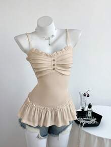 Elamini 女士休闲吊带背心，饰有荷叶边和前褶 - 杏色 - 查看 6