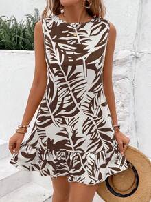 Breezaya 女士夏季热带植物印花露背打结无袖度假风直筒连衣裙，适合海滩度假穿着 - 棕色 - 查看 4